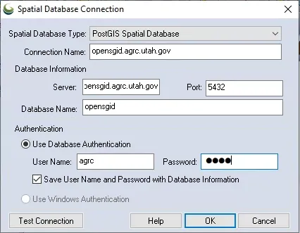 A screenshot of the Global Mapper database connection screen